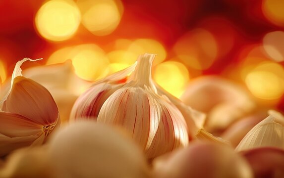 Macro of garlic bulbs and cloves with glowing orange bokeh lights in background.