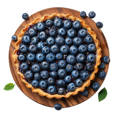 Appetizing homemade blueberry pie on a wooden board isolated on a transparent background, top view