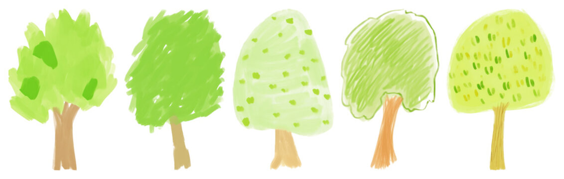 PNG Colorful hand-drawn trees illustration, element set on transparent background