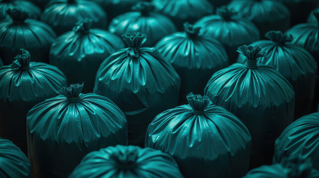 Teal garbage bags arranged in neat pattern, showcasing their texture and color. image evokes sense of order and cleanliness