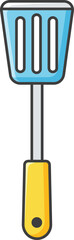 Cartoon illustration of a kitchen spatula with a blue slotted head and yellow handle