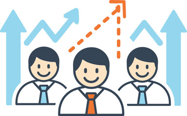 Team Growth and Success Icon - Three stylized business figures with upward arrows and a central dotted arrow indicating progress, representing teamwork, business development, and career growth.