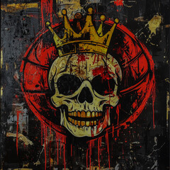 Urban Street-Style Basketball Emblem with Graffiti Vibes Gritty Textures and a Stylized Skull Wearing a Basketball Crown Bold Brushstroke Typography on a Grunge Black Red and Gold Background.