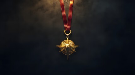 Shining gold medal hanging on a wall symbolizing achievement, success, and recognition in a competitive environment
