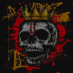 Urban Street-Style Basketball Emblem with Graffiti Vibes Gritty Textures and a Stylized Skull Wearing a Basketball Crown Bold Brushstroke Typography on a Grunge Black Red and Gold Background.