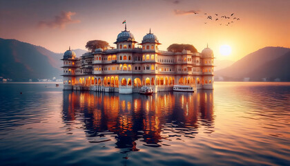 Obraz premium The majestic Lake Palace Jag Niwas floating on Lake Pichola at sunset, Ai generated image