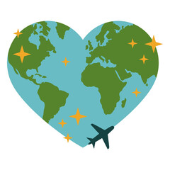 Heart shaped earth with a plane flying around it