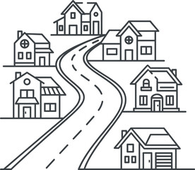 Black outline clipart depicting a suburban neighborhood scene with six distinct houses of various designs lining a winding road.