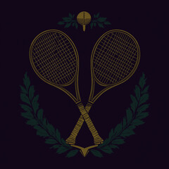 Wimbledon Tennis Logo Concept Engraved Metallic Gold on Dark Green Classic Circular Badge Vintage Regal Historic Ivy and Court Grass Elements.