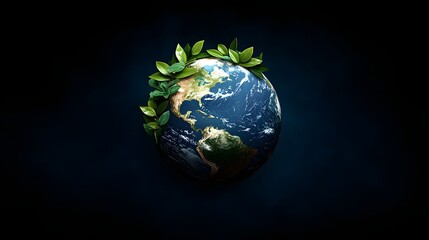 Fototapeta premium Earth globe icon featuring continents surrounded by eco leaves representing environmental awareness and sustainability