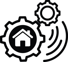 Black and white icon for smart home or building automation, featuring a house symbol inside a large gear, interlocked with a smaller gear emitting Wi-Fi or signal waves.