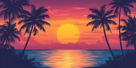 Obraz premium A vibrant, dreamy illustration of palm trees silhouetted against an orange and pink sunset over the ocean.