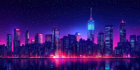 A stunning, neon-lit illustration of a famous skyline (like Tokyo or New York) glowing under the stars.