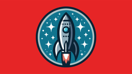 a logo that features a retro-inspired rocket ship, shades of blue and grey,