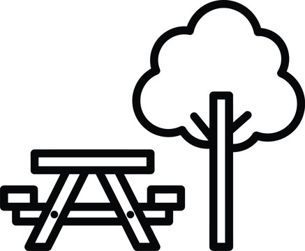 recommend clip art: Line art icon of a picnic table with attached benches next to a simple tree, representing outdoor recreation or a park setting
