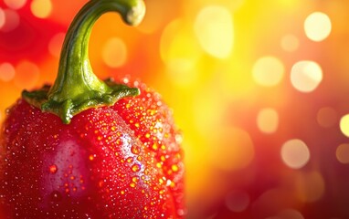 Macro of ripe red bell pepper with water drops on yellow background with bokeh.