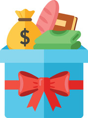 Charity donation box filled with a money bag, food, clothing, and a book