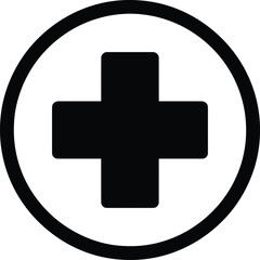 Simple black medical cross or plus sign inside a circle icon