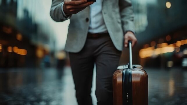 A businessman strides confidently through an urban setting, clutching a smartphone and pulling a sleek, brown suitcase, symbolizing travel and modernity.