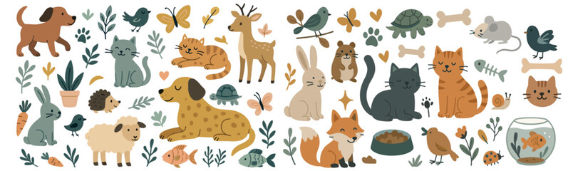 Obraz na płótnie Canvas Adorable pets including cats, dogs, and small home animals in playful illustration