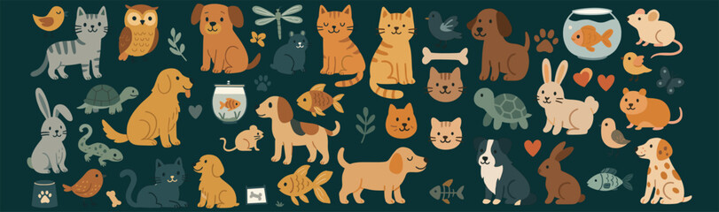 Fototapeta na wymiar Adorable pets including cats, dogs, and small home animals in playful illustration