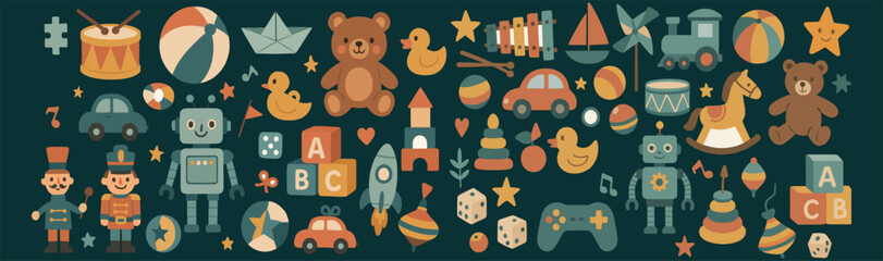 Playful children’s toys and joyful activity scenes in colorful style