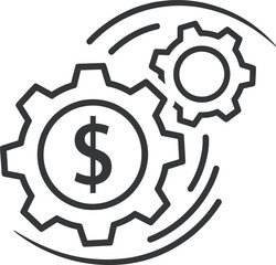 Cost optimization and financial management line icon with turning gears and a dollar sign