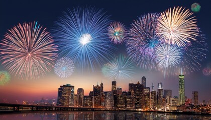 a city skyline lit up with fireworks