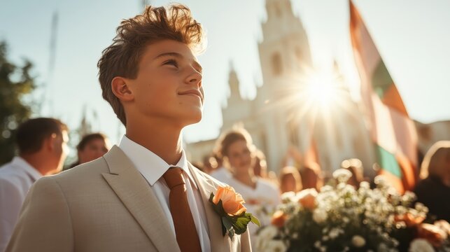 A boy in a tailored suit stands proudly in a celebratory moment, bathed in golden sunlight, symbolizing hope, achievement, and the beauty of youth. - Powered by Adobe