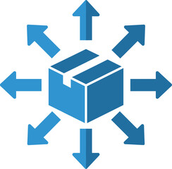 Distribution and logistics icon showing a central box with arrows pointing outwards