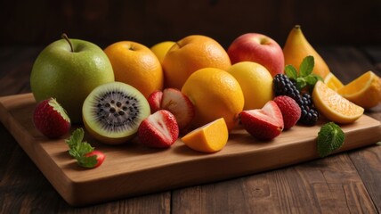Sliced ​​fruits on a wooden cutting board