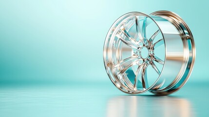 A shiny, modern car rim gleams with intricate design against a minimalist turquoise background, symbolizing automotive elegance and craftsmanship in modern vehicle design.