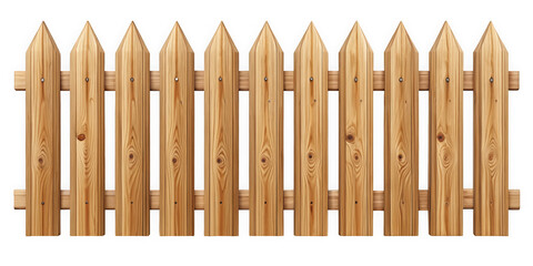 A rustic wooden picket fence displaying natural wood grain, exuding charm and warmth in an outdoor setting. Perfect for gardens and homes.