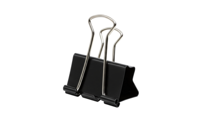 Small black metal binder paper clip upright isolated on a transparent background