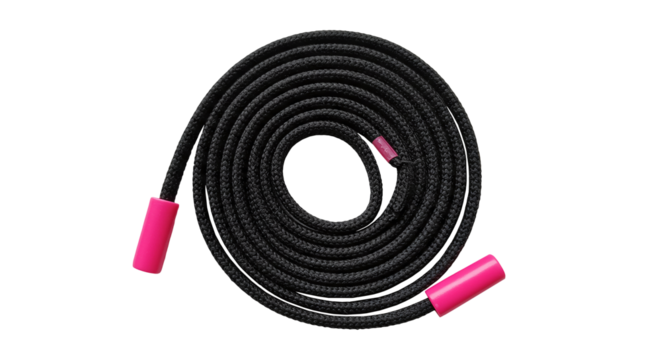 Black shoelaces rolled up with pink aglets style isolated on a transparent background