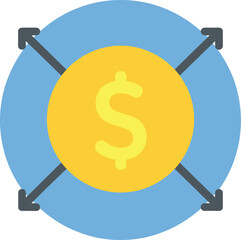 Flat icon representing cost or expense, with a central yellow coin featuring a dollar sign, surrounded by a blue circle with outward arrows