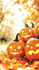 Autumnal Jack-o'-Lanterns in a Fall Scene