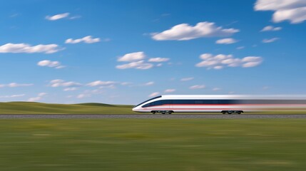 A sleek high speed train gliding swiftly across a vast open landscape of green fields and a serene blue sky dotted with fluffy white clouds