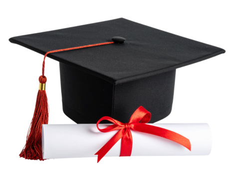 Graduation Cap with Diploma Scroll and Red Ribbon, isolated on a transparent background