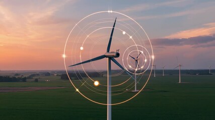 Smart wind turbines at sunset with digital monitoring interface, symbolizing smart energy management systems. Renewable energy, wind power technology.