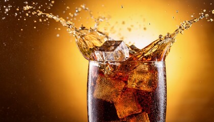 ice cubes splashing into glass of cola with bubbles on gold background