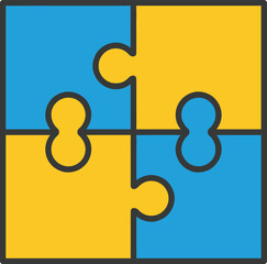 Vector icon of a four-piece square puzzle, with interlocking blue and yellow pieces, representing problem-solving or teamwork