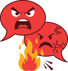 Clipart representing an argument or intense anger, featuring two red speech bubbles with angry facial expressions, one with cracks and the other emitting flames