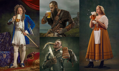 Composite collage. Comic and stylized portraits of historical characters drinking beer in different...