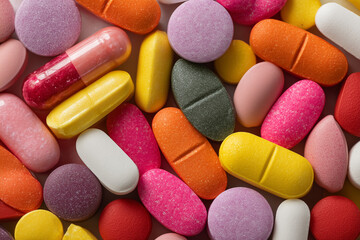 Colorful Pills and Tablets Background, Macro Close-Up, Pharmaceutical concept, medicine diversity, health care