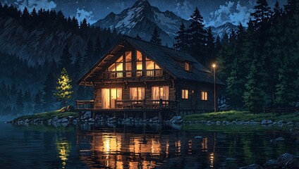 Fototapeta premium Cozy lakeside cabin, glowing lights under snowy mountains at night in anime style