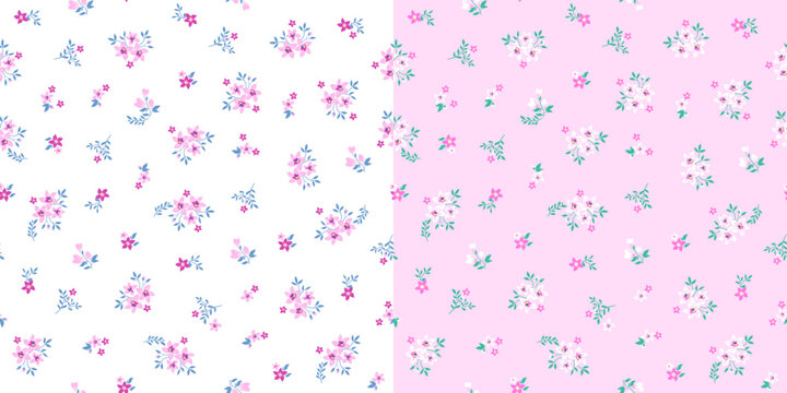Sweet summer pink and white ditsy floral seamless print