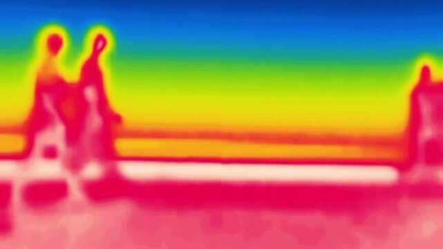Street traffic. Pedestrians, rush hour. Image thermal imager device.