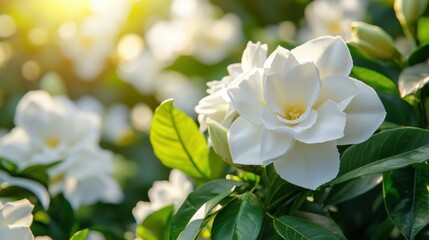 A close-up of blooming white gardenia flowers surrounded by lush green leaves.