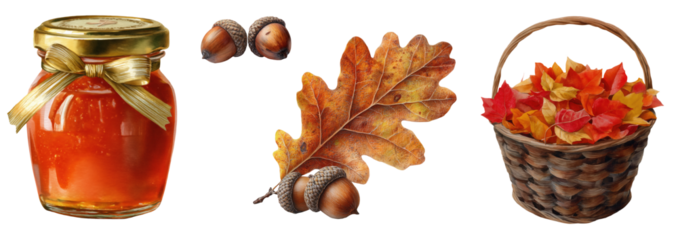 Watercolor Autumn Elements: Jar of Orange Jam, Acorns, Oak Leaf, and Basket of Maple Leaves